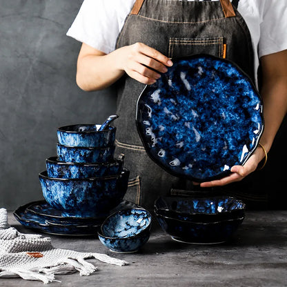 Service de vaisselle en céramique, ensemble de 10 pièces au motif bleu céleste pour dîners de famille, repas décontractés, réceptions formelles, indispensable de cuisine