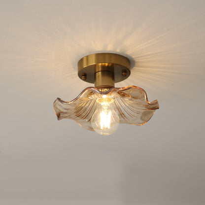 23-Inch Flush Mount LED Light Fixture Green Floral Glass Shade for Bedroom Hallway Low Ceiling Rooms Ambient Overhead Lighting
