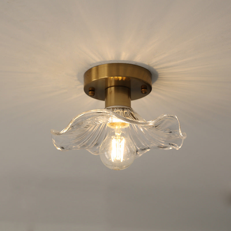 23-Inch Flush Mount LED Light Fixture Green Floral Glass Shade for Bedroom Hallway Low Ceiling Rooms Ambient Overhead Lighting