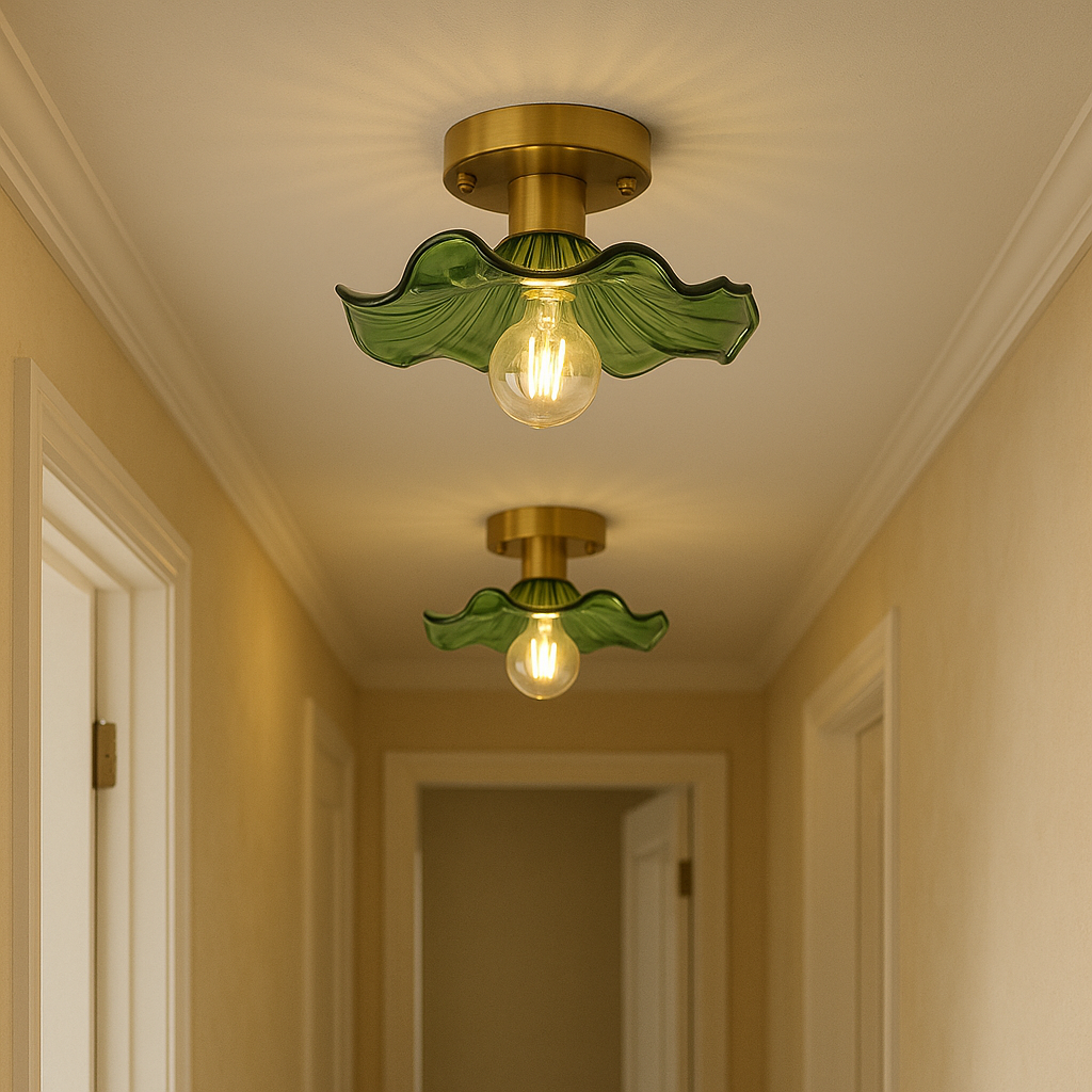 23-Inch Flush Mount LED Light Fixture Green Floral Glass Shade for Bedroom Hallway Low Ceiling Rooms Ambient Overhead Lighting
