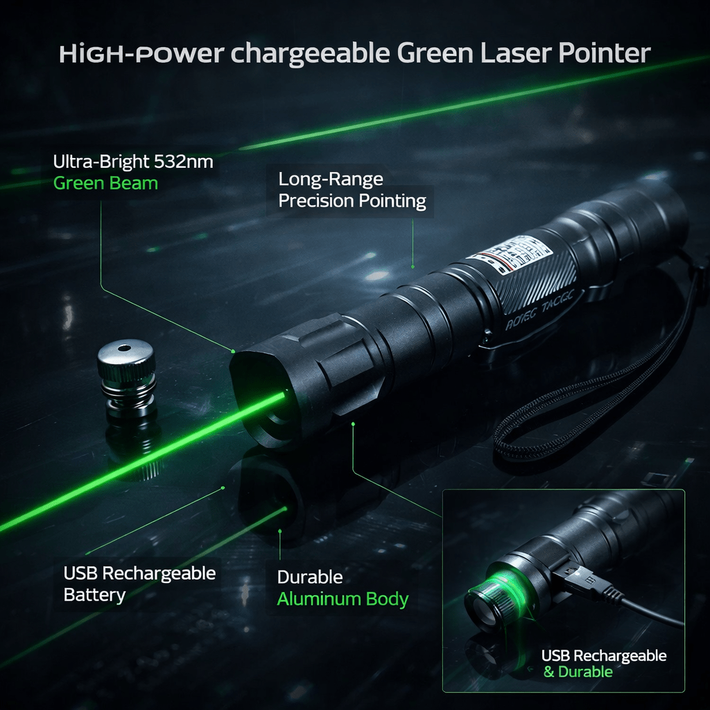 Pointeur laser vert, stylo pointeur laser rechargeable par USB, stylo laser longue portée pour présentations et observation des étoiles