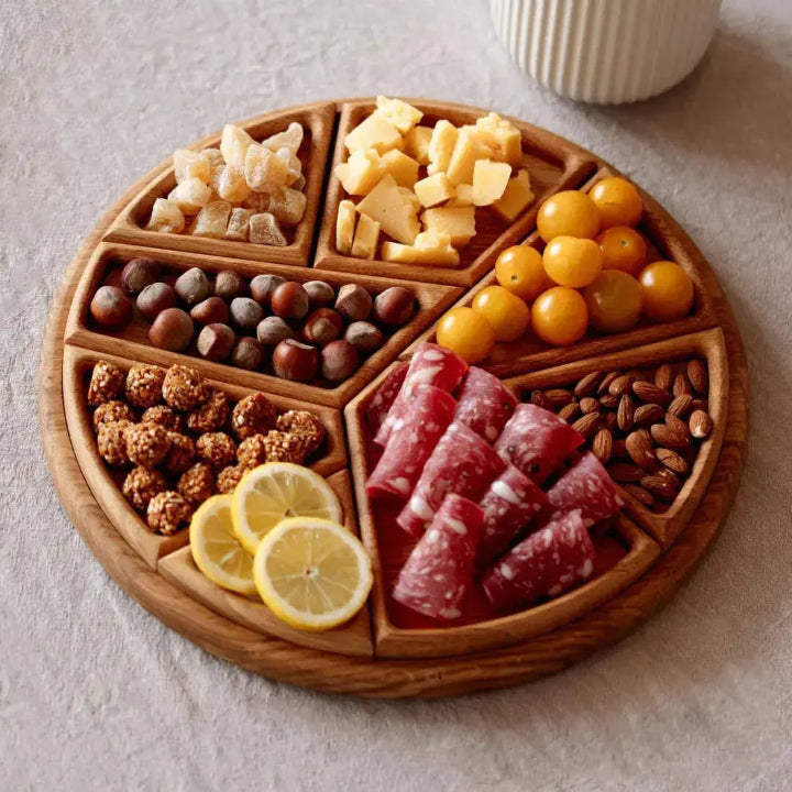 Divided Wooden Serving Tray 10-Inch Round 8-Section Appetizer Platter for Cheese Charcuterie Snacks Party Food Display Tapas Board with Remo