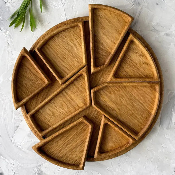 Divided Wooden Serving Tray 10-Inch Round 8-Section Appetizer Platter for Cheese Charcuterie Snacks Party Food Display Tapas Board with Remo