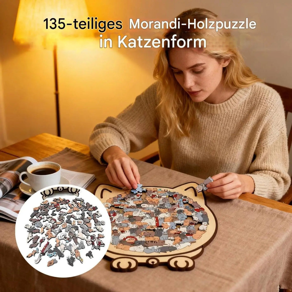 Wooden Cat Silhouette Jigsaw Puzzle 135 Pieces for Adults & Kids | Tabletop Decoration & Screen-Free Activity