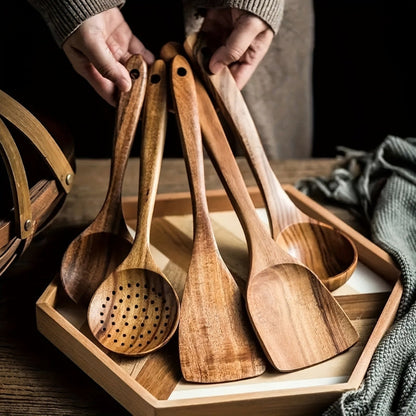 5-Piece Bamboo Cooking Utensil Set 12 Inch Spoons Spatula Ladle Non-Stick Safe Tools for Everyday Meal Prep Stirring Serving Noodles Pasta S