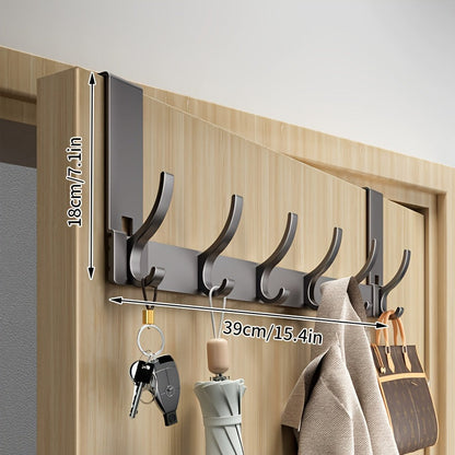 Door-Mounted Aluminum Hook Rack 15 in Black – No-Drill Coat Hanger for Entryway Closet Bedroom Bathroom – 6 & 7 Hook Configurations