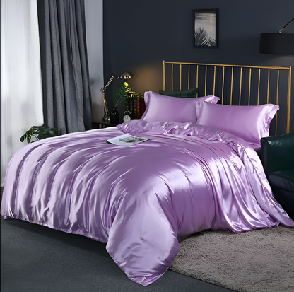Silk Blend Sheet Set Purple 180 GSM Duvet Cover Fitted Sheet Pillowcases for Queen King Bed Luxury Breathable Bedding for Bedroom Guest Room