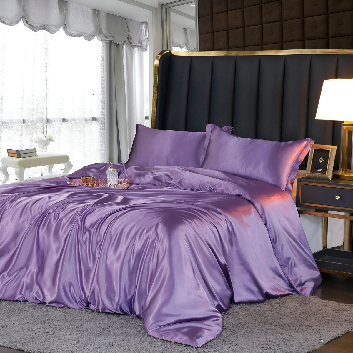 Silk Blend Sheet Set Purple 180 GSM Duvet Cover Fitted Sheet Pillowcases for Queen King Bed Luxury Breathable Bedding for Bedroom Guest Room