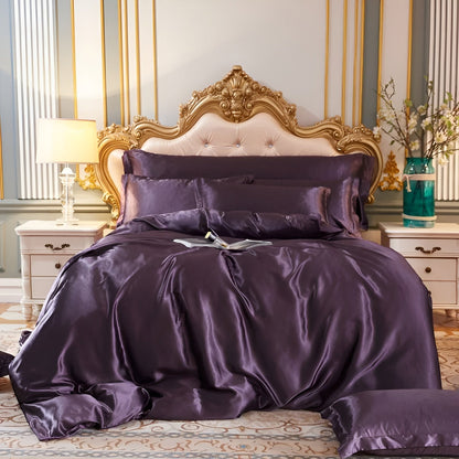 Silk Blend Sheet Set Purple 180 GSM Duvet Cover Fitted Sheet Pillowcases for Queen King Bed Luxury Breathable Bedding for Bedroom Guest Room