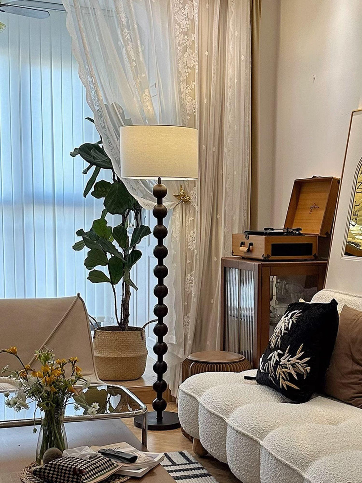 Lampadaire haut avec abat-jour blanc, 160 cm, base en bois naturel, éclairage d'appoint à intensité variable pour chambre, salon, coin lecture, décoration moderne