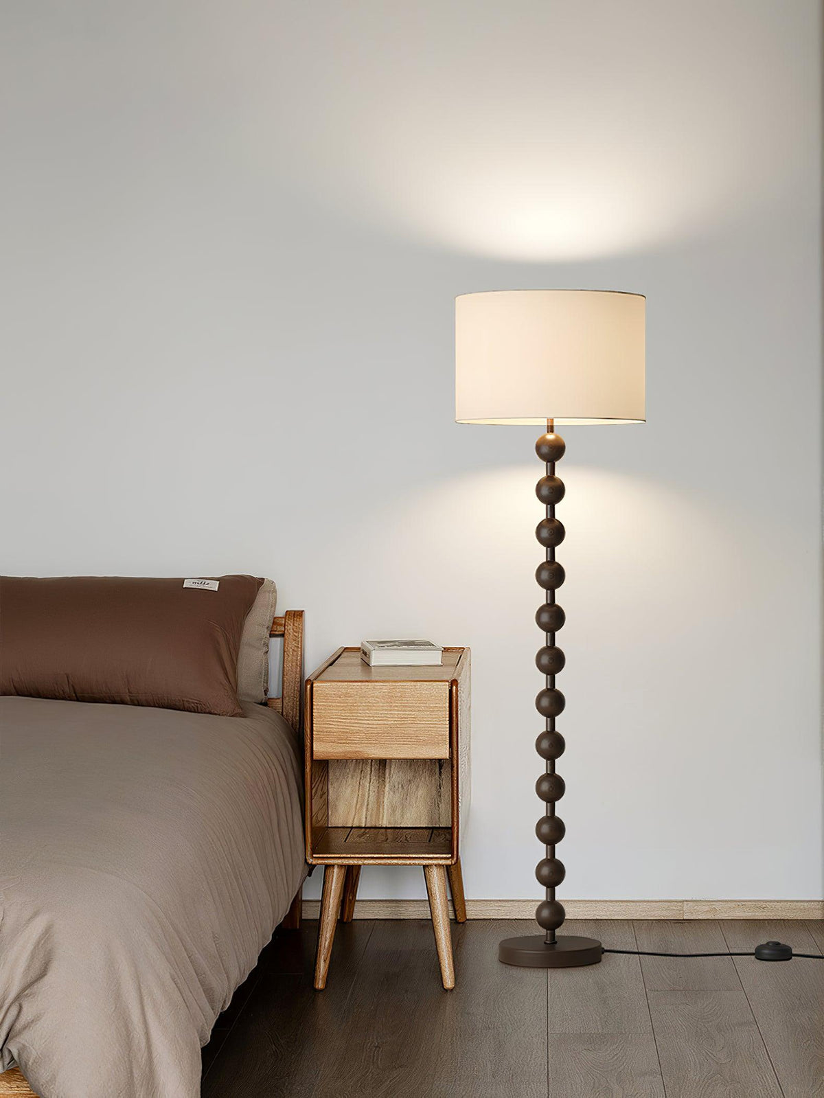Lampadaire haut avec abat-jour blanc, 160 cm, base en bois naturel, éclairage d'appoint à intensité variable pour chambre, salon, coin lecture, décoration moderne