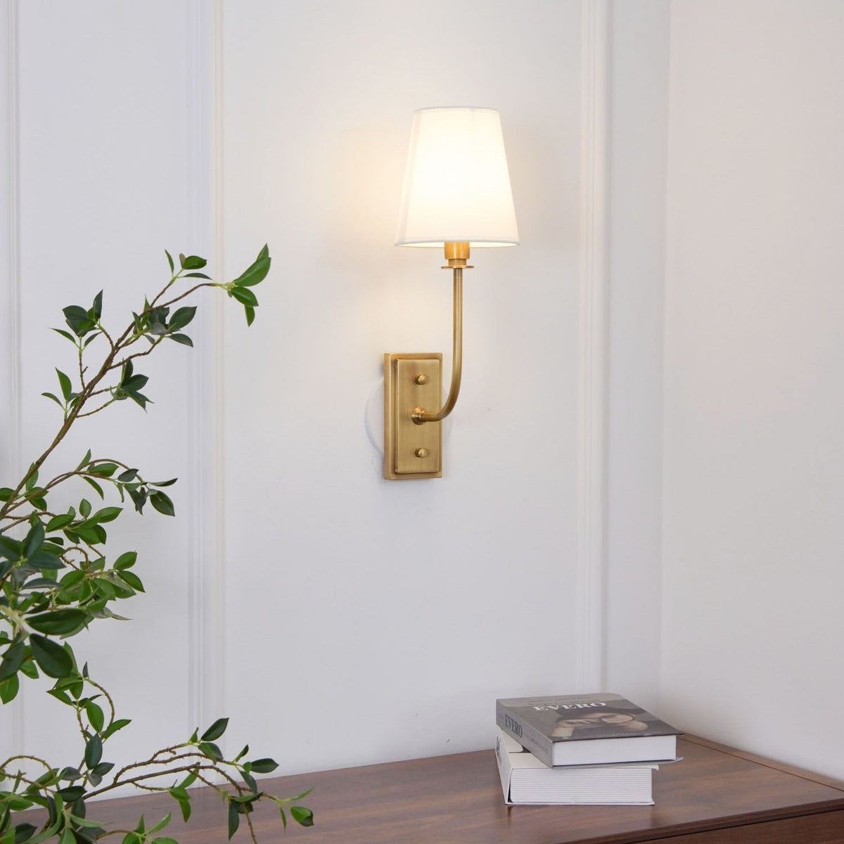 Fabric Shade Sconce Light with Brass Arm for Bedroom Reading & Hallway Accent | E12 Socket, Warm Ambient Glow, Space-Saving Install