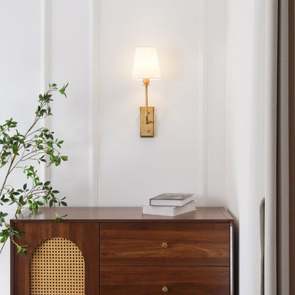 Fabric Shade Sconce Light with Brass Arm for Bedroom Reading & Hallway Accent | E12 Socket, Warm Ambient Glow, Space-Saving Install
