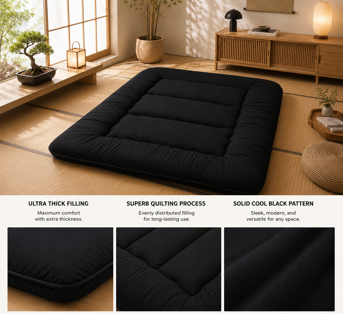 Matelas de sol pliable de 10 cm d'épaisseur, futon japonais enroulable, matelas pliant matelassé lavable