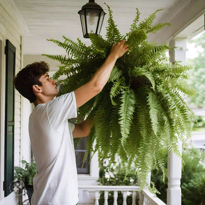 UV-Protected Synthetic Boston Fern Hanging Plant 28 Inches Wide Green Foliage for Porch Patio Indoor Outdoor Home Decor No Watering Needed