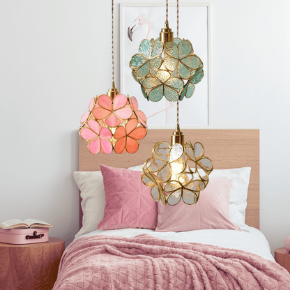 Sculptural Glass Hanging Light 9 Inch Floral Design Warm LED Adjustable Ceiling Fixture for Bedroom Kitchen Dining Nook Modern Botanical Ins