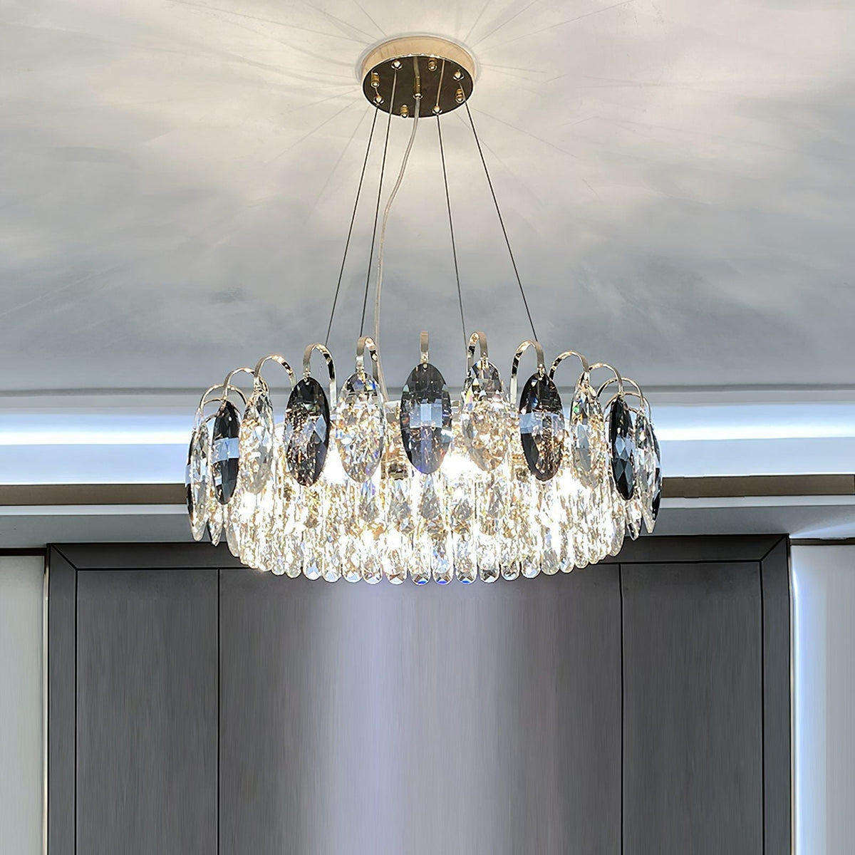 Dimmable Crystal Chandelier for Dining Room & Living Room – Adjustable Chain, Faceted Prisms, Multiple Sizes – Round & Rectangle