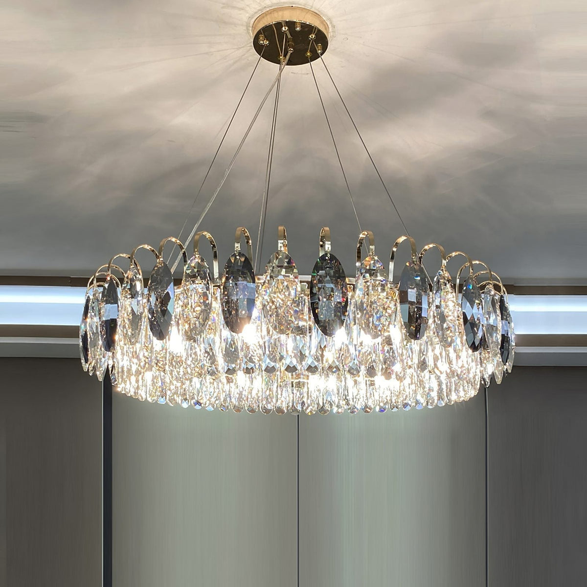 Dimmable Crystal Chandelier for Dining Room & Living Room – Adjustable Chain, Faceted Prisms, Multiple Sizes – Round & Rectangle