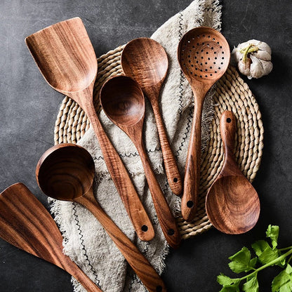 8-Piece Wooden Kitchen Tool Set Natural Wood Spatulas Spoons Ladle with Holder 12 Inch Tools for Home Cooking