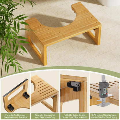 Collapsible Bathroom Footstool with Non-Slip Base – Space-Saving Bamboo Step Riser for Optimal Posture & Comfort