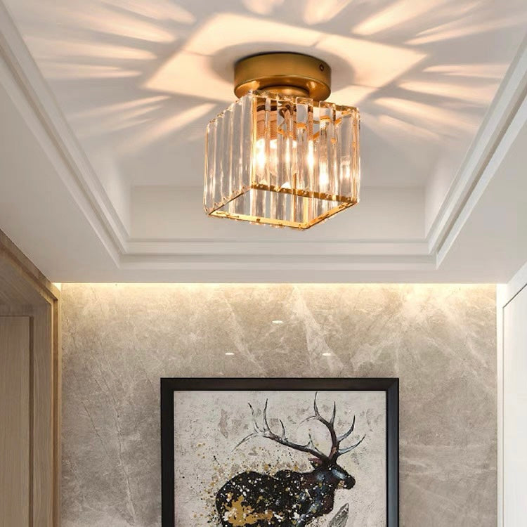 Decorative Flush Mount Light Fixture with Glass Cube and Metal Accents E27 Socket for Entryway Bedroom Small Room Ambient Overhead Lighting