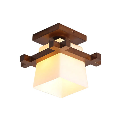 Square Flush Mount Ceiling Light Fixture with Wood Accent, White Shade, E27 Socket for Bedroom, Hallway, Living Room, Minimalist Home Lighti