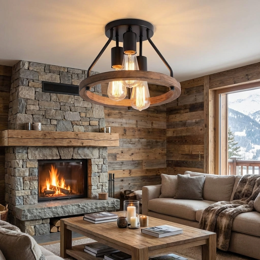 Plafonnier semi-encastré à trois têtes avec spots réglables pour couloirs, chambres et salles à manger, luminaire de style ferme en bois, 13 pouces de large
