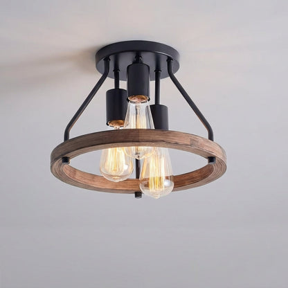 Plafonnier semi-encastré à trois têtes avec spots réglables pour couloirs, chambres et salles à manger, luminaire de style ferme en bois, 13 pouces de large