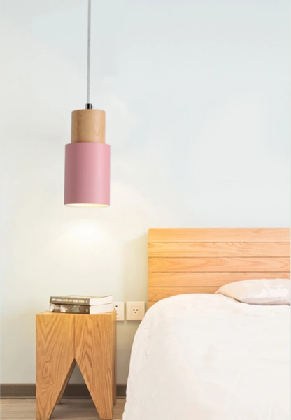 Mini Cylinder Drop Ceiling Light E27 Socket Wood & Iron Shade Adjustable Cord for Kitchen Island Dining Table Bedroom Scandinavian Style Han