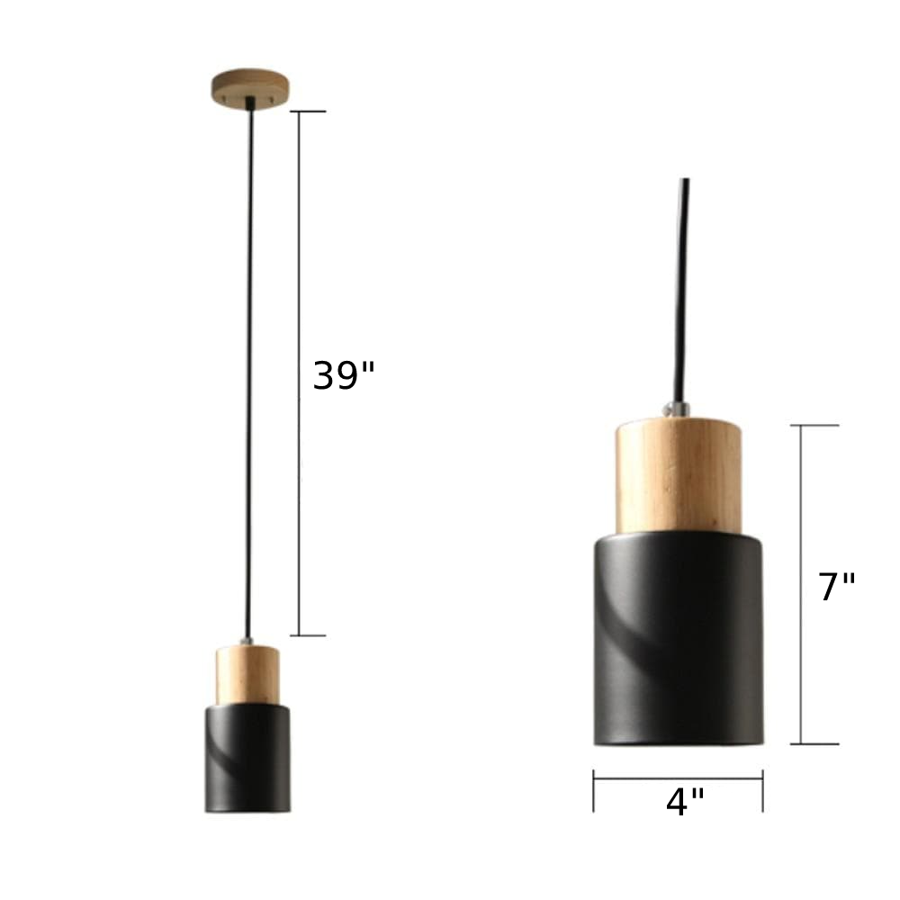 Mini Cylinder Drop Ceiling Light E27 Socket Wood & Iron Shade Adjustable Cord for Kitchen Island Dining Table Bedroom Scandinavian Style Han