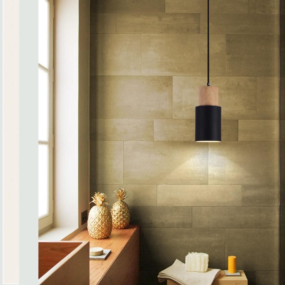 Mini Cylinder Drop Ceiling Light E27 Socket Wood & Iron Shade Adjustable Cord for Kitchen Island Dining Table Bedroom Scandinavian Style Han
