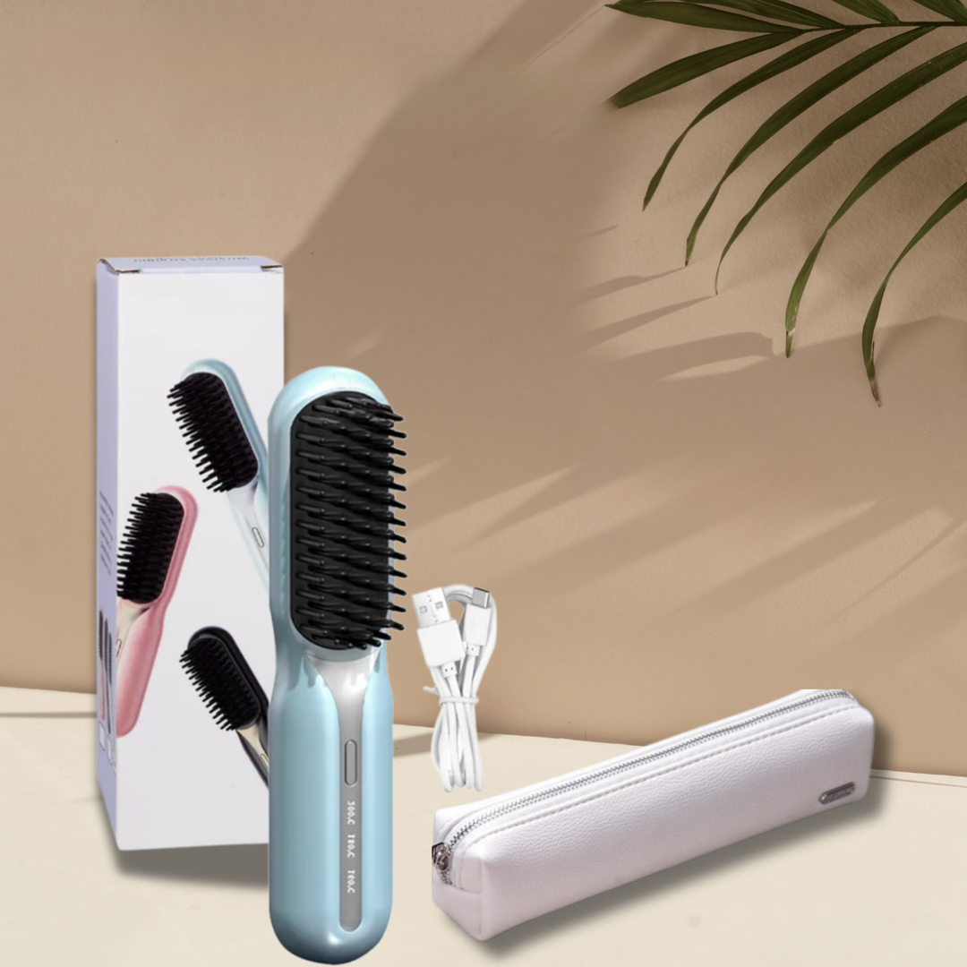 Cordless Hair Styling Brush for Straightening & Curling — Rechargeable Heat Tool for All Hair Types, Travel-Size Ceramic Smoothing Iron