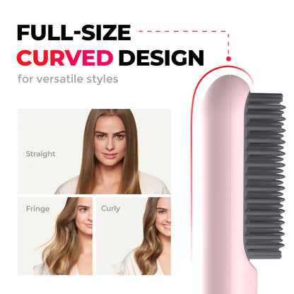 Cordless Hair Styling Brush for Straightening & Curling — Rechargeable Heat Tool for All Hair Types, Travel-Size Ceramic Smoothing Iron