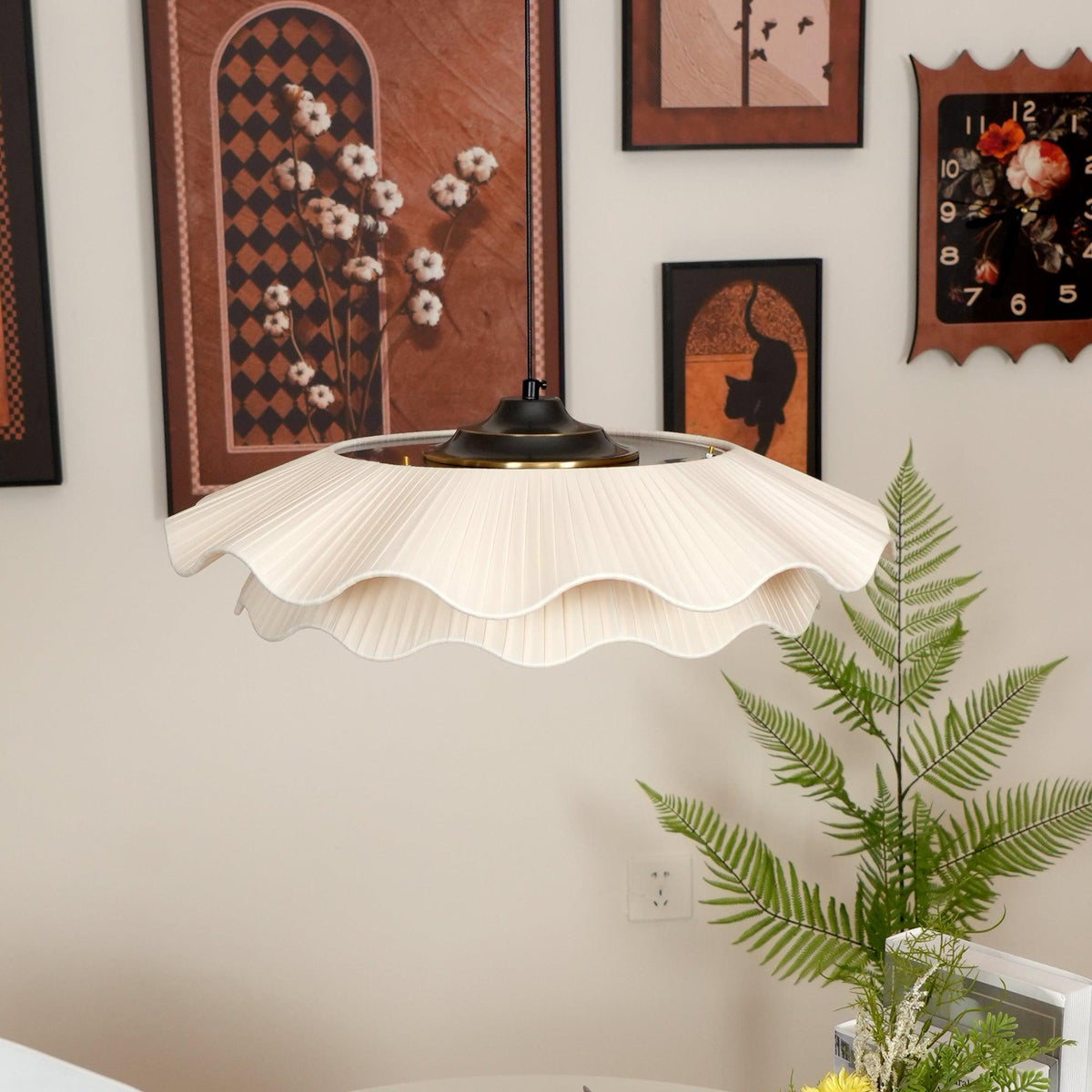 Adjustable Hanging Fixture with Metal & Cloth Shade for Overhead Illumination in Dining Spaces