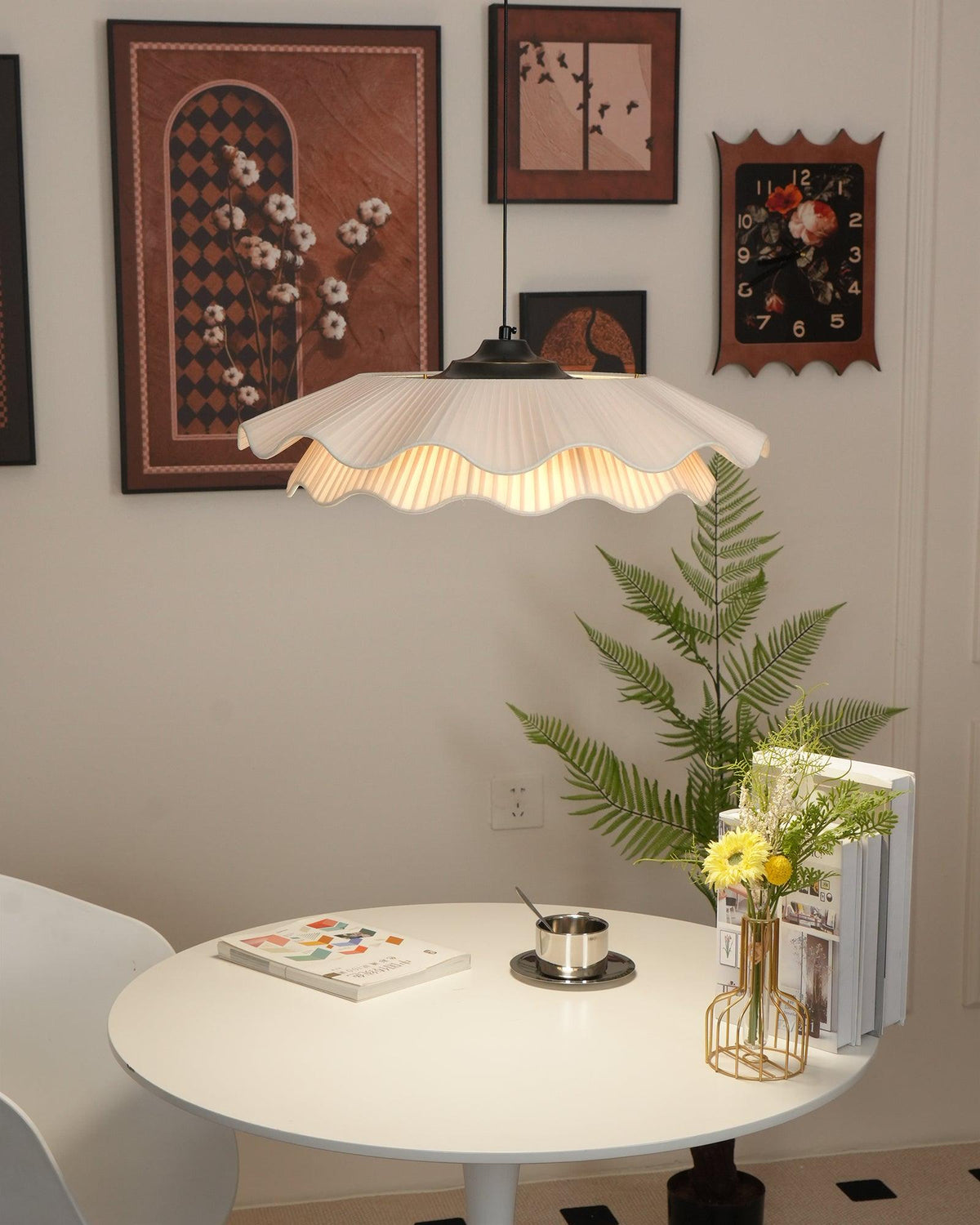 Adjustable Hanging Fixture with Metal & Cloth Shade for Overhead Illumination in Dining Spaces