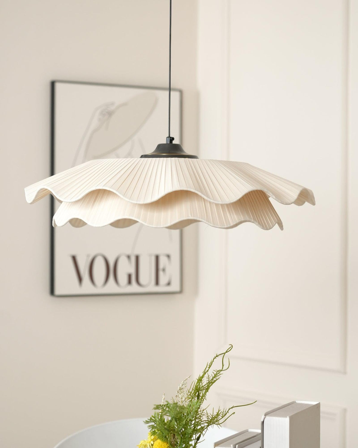 Adjustable Hanging Fixture with Metal & Cloth Shade for Overhead Illumination in Dining Spaces