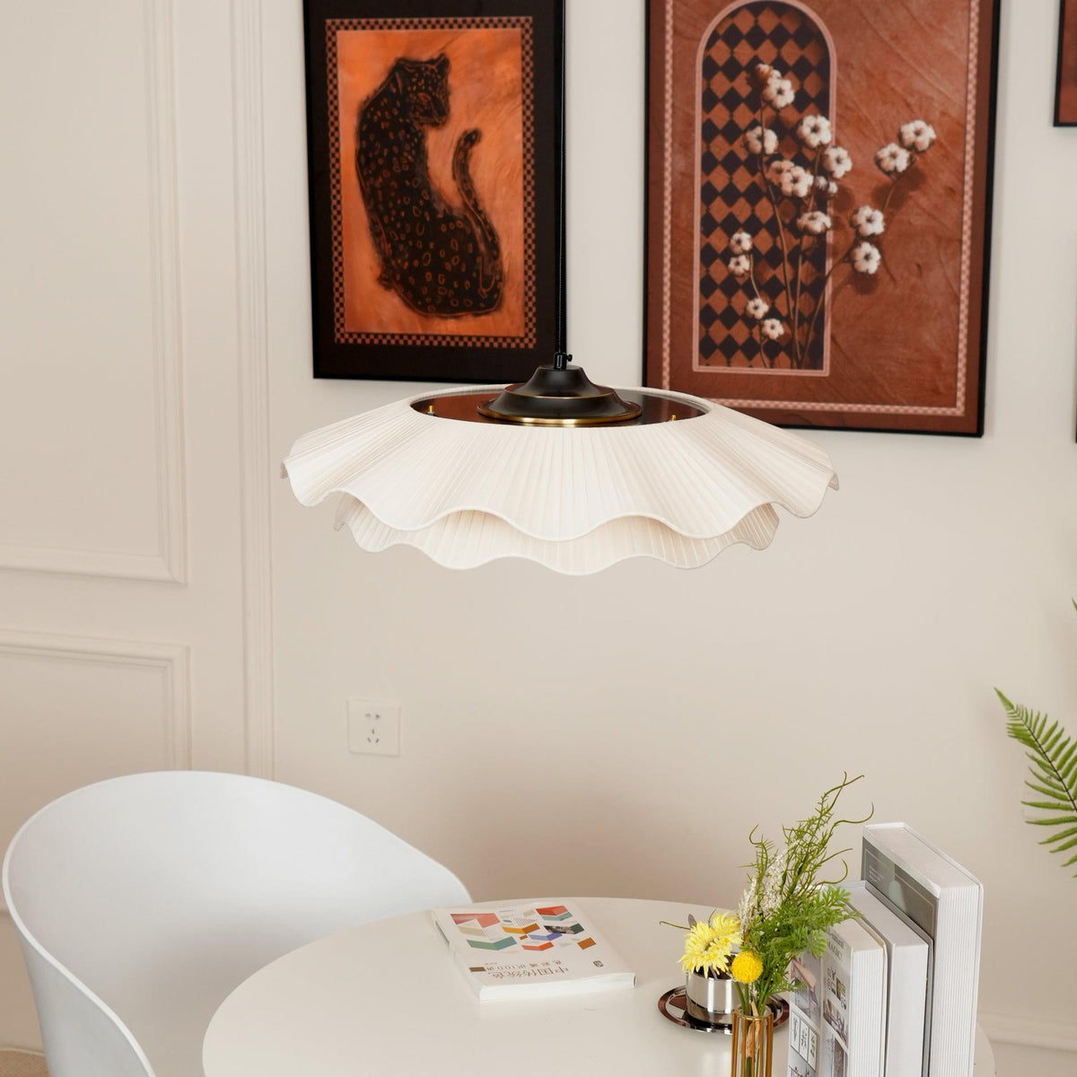 Adjustable Hanging Fixture with Metal & Cloth Shade for Overhead Illumination in Dining Spaces