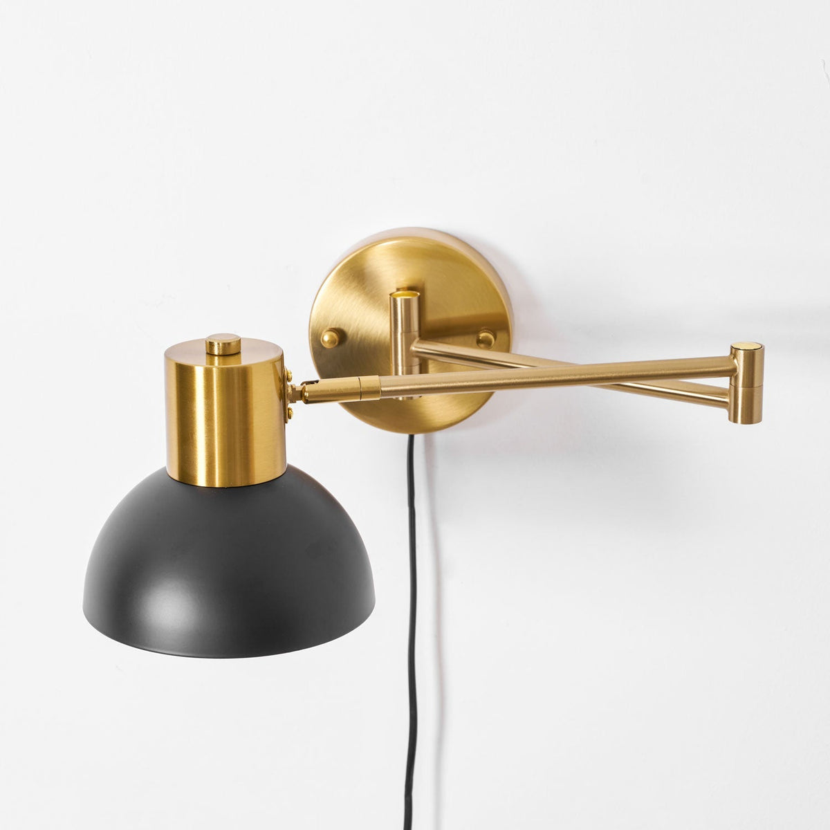 Swing-Arm Reading Sconce with Rotating Shade Metal Plug-In Fixture Black & Gold Finish for Bedroom Living Room Study Nook Task Lighting