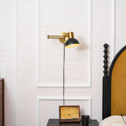 Swing-Arm Reading Sconce with Rotating Shade Metal Plug-In Fixture Black & Gold Finish for Bedroom Living Room Study Nook Task Lighting