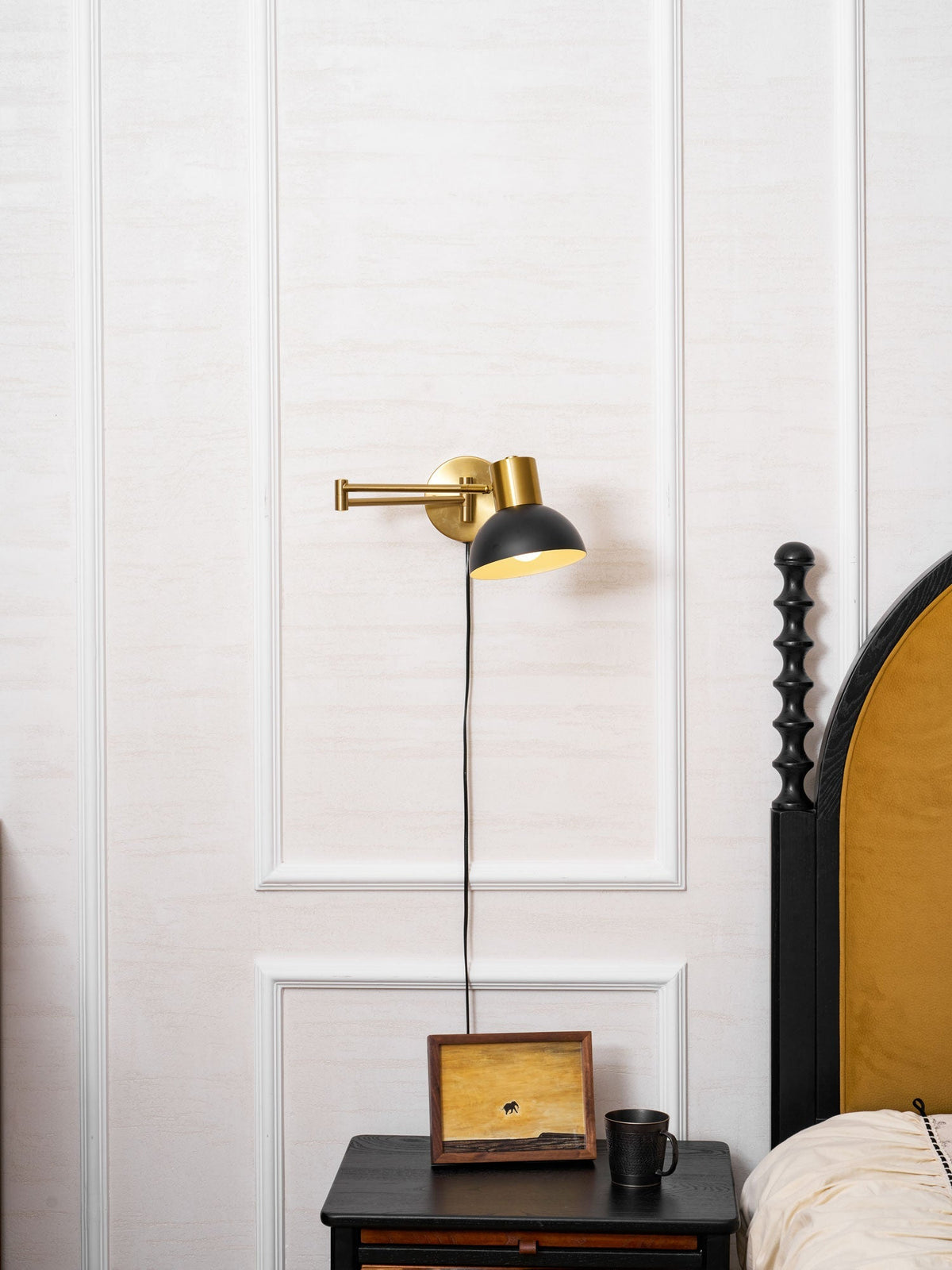 Swing-Arm Reading Sconce with Rotating Shade Metal Plug-In Fixture Black & Gold Finish for Bedroom Living Room Study Nook Task Lighting