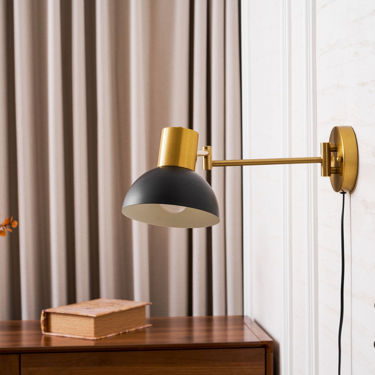 Swing-Arm Reading Sconce with Rotating Shade Metal Plug-In Fixture Black & Gold Finish for Bedroom Living Room Study Nook Task Lighting
