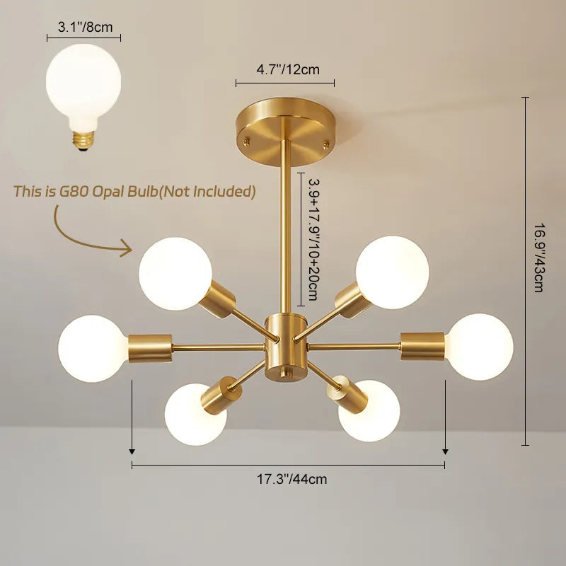 Six-Arm Brass Sputnik Chandelier 17 in Wide Mid-Century Pendant Light for Dining Room Living Room Hardwired Ceiling Fixture Dimmable Modern