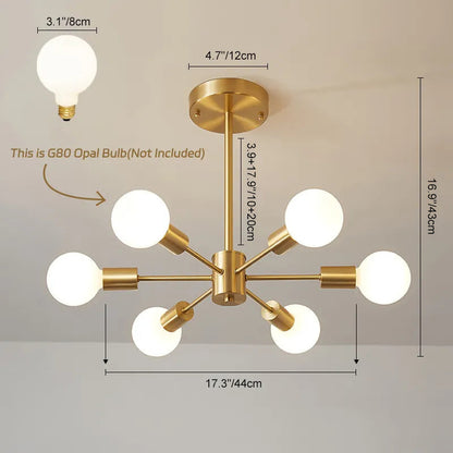 Six-Arm Brass Sputnik Chandelier 17 in Wide Mid-Century Pendant Light for Dining Room Living Room Hardwired Ceiling Fixture Dimmable Modern