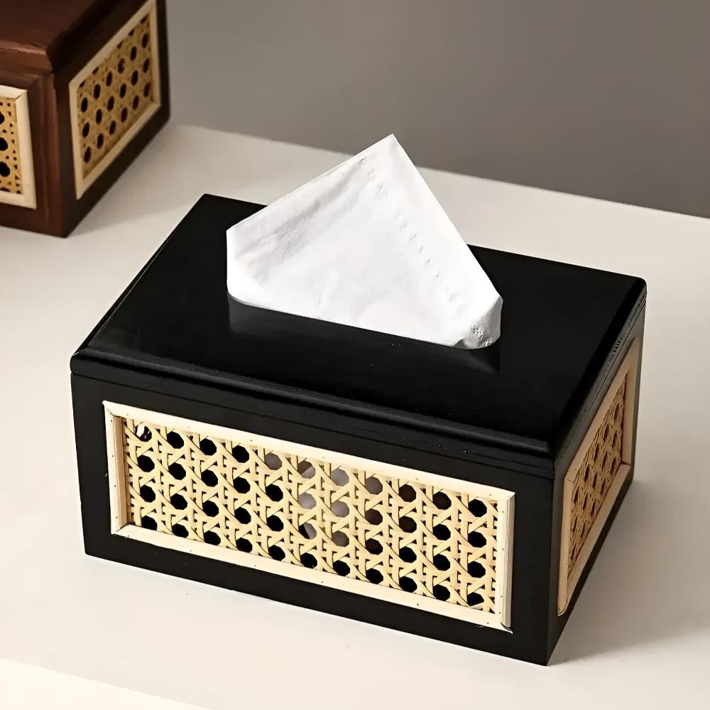 Jade Japandi Tissue Box Cover - Rattan and Wood, Minimalist Design