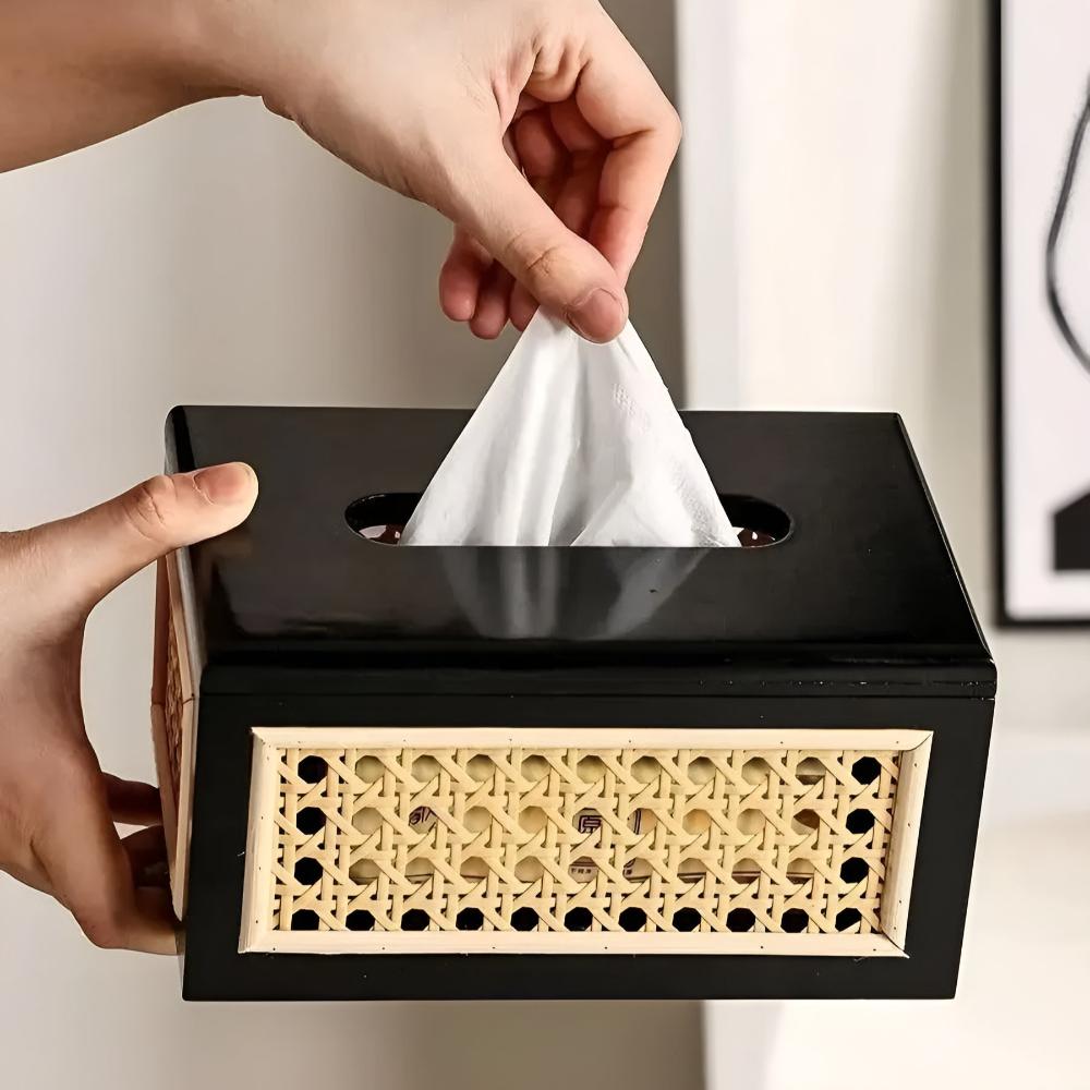 Jade Japandi Tissue Box Cover - Rattan and Wood, Minimalist Design