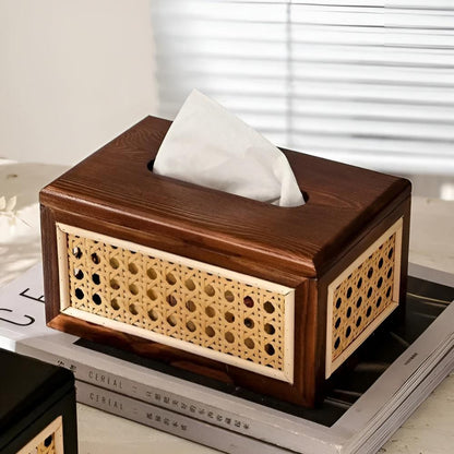 Jade Japandi Tissue Box Cover - Rattan and Wood, Minimalist Design