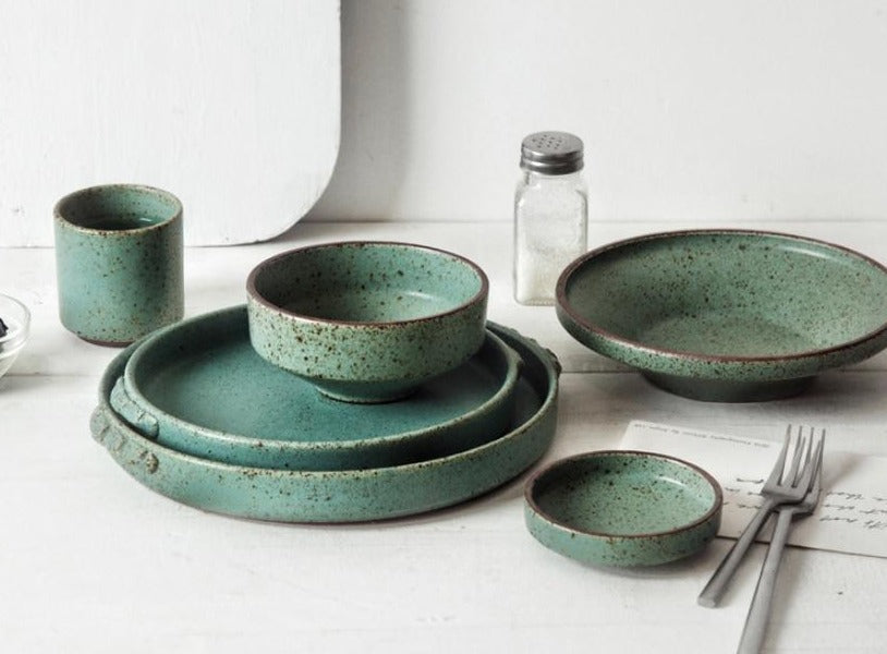 Jade Stoneware Ceramic Dinnerware Set – Vintage Glazed Porcelain with Unique Shapes