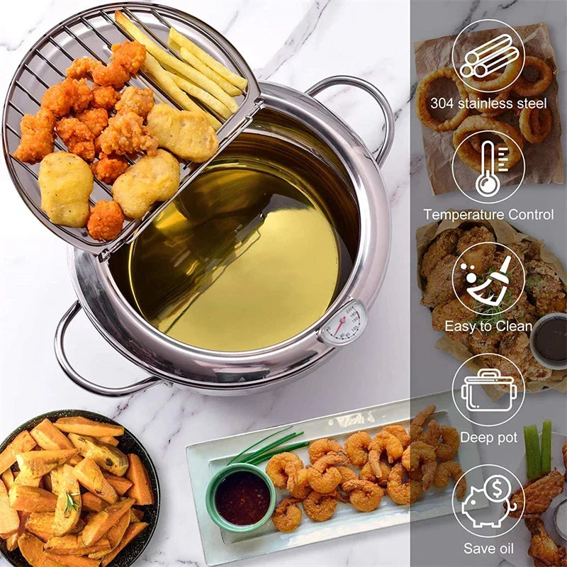 Stainless Steel Tempura Pot with Built-In Thermometer & Oil Strainer Lid 9.4 Inch Silver for Japanese Frying Chicken Karaage Tonkatsu Home K