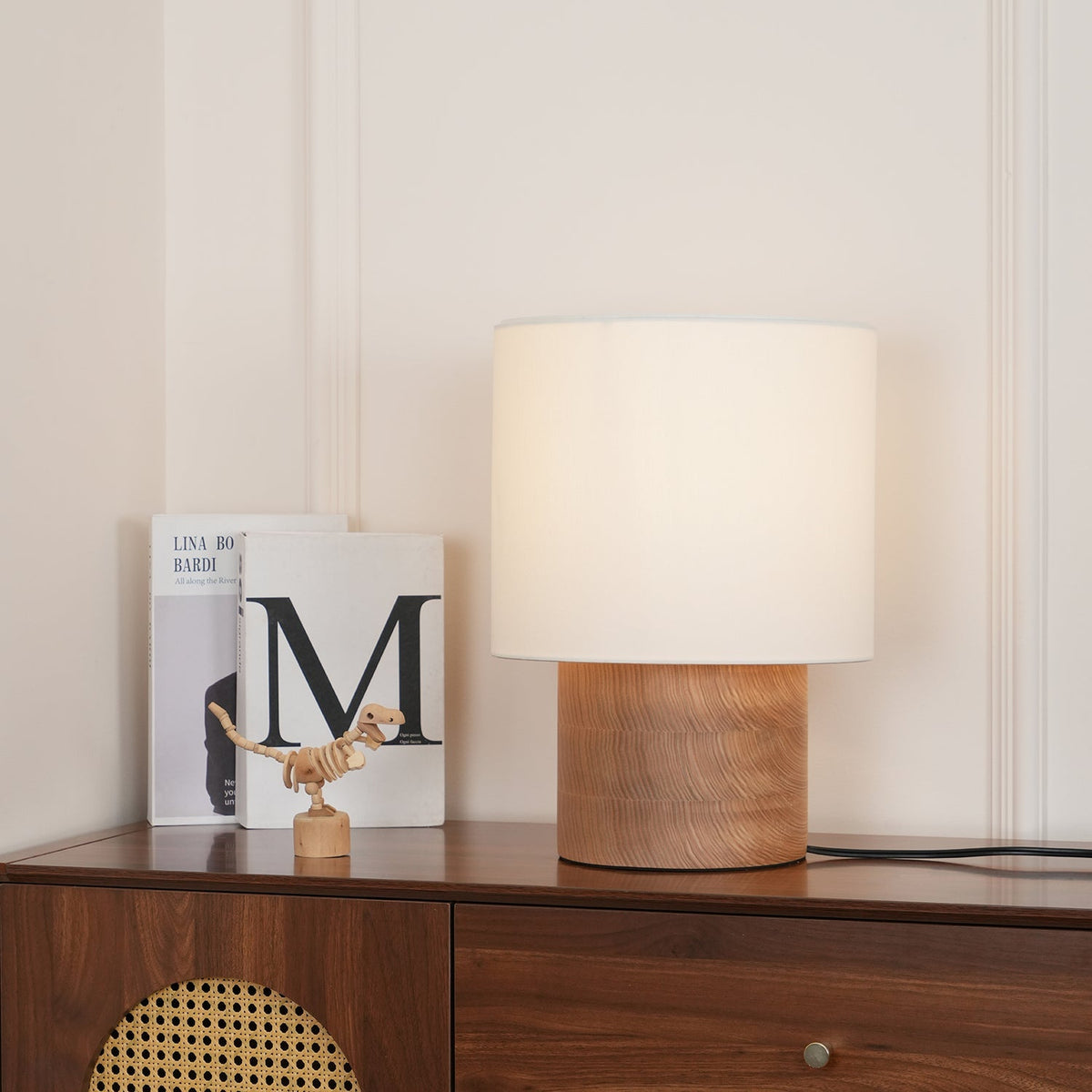 Wooden Bedside Lamp with Linen Shade – 12 Inch Modern Accent Light for Bedroom Nightstand, Living Room End Table, Reading Nook – Warm Glow D
