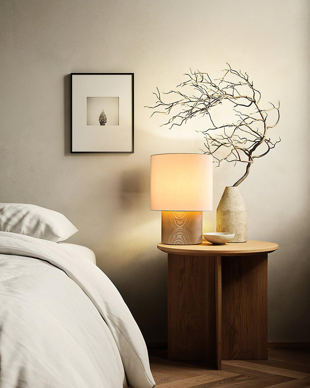 Wooden Bedside Lamp with Linen Shade – 12 Inch Modern Accent Light for Bedroom Nightstand, Living Room End Table, Reading Nook – Warm Glow D